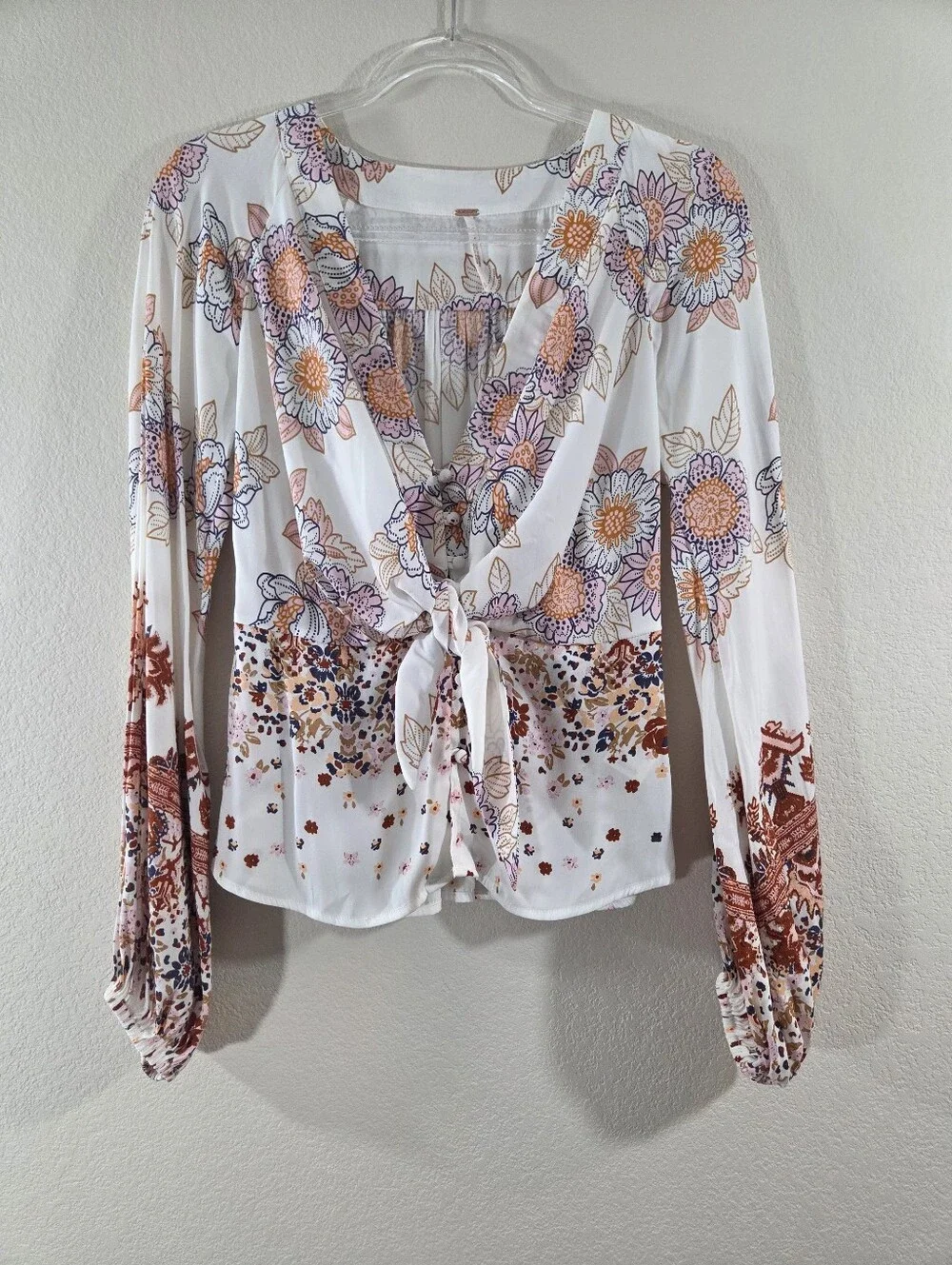 FREE PEOPLE Run Free Boho Mixed Floral Print Tie Front Long Sleeve Tunic Blouse